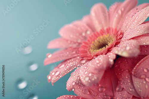Flower with water drops on color background.