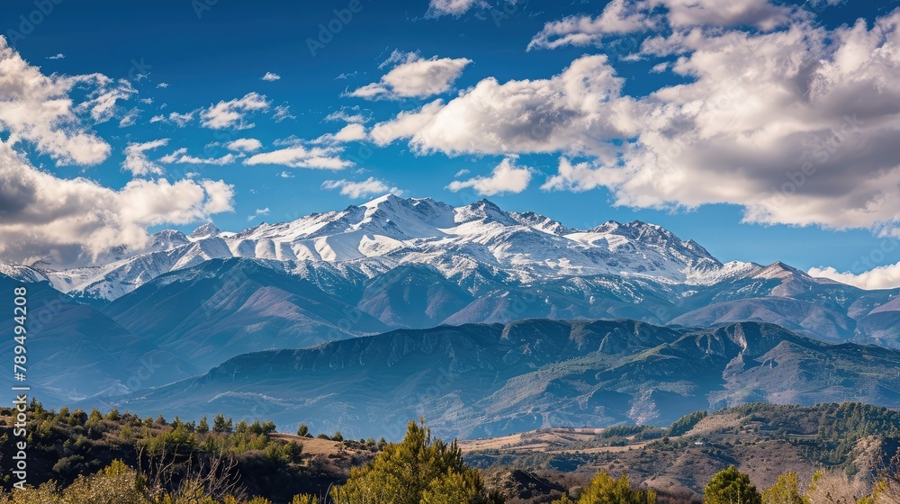 View of a mountain range landscape with snow on the peaks
