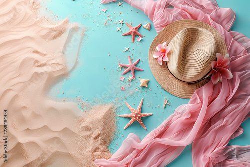 flat lay of Mockup of Banner in sea or ocean style with summer hat, starfish and sea sand
