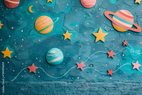 Obraz  a children's space-themed wall, with background elements like planets and stars