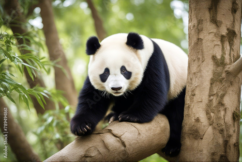 climbing tree Giant panda wood forest travel zoo species orient chinese holiday maker east black special jungle nature climb big asian park cute endangered eating fat wildlife