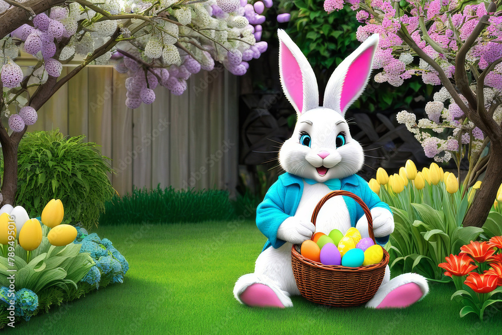 Little rabbit in a green spring lawn with decorated eggs - Easter card