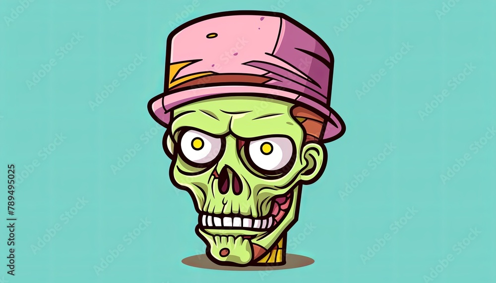 A cartoon illustration of a green zombie wearing a pink hat.