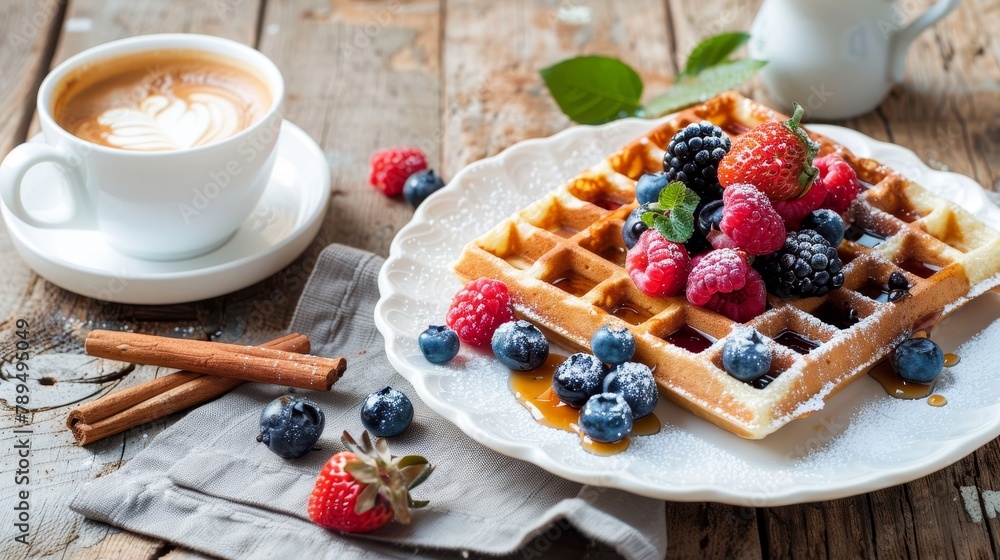 Tasty waffles, fresh summer berries and a flavorful cappuccino on a charming wooden table Tasty waffles, fresh summer berries and a flavorful cappuccino on a charming wooden table
