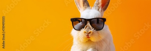 Funny easter animal pet - Easter bunny rabbit with sunglasses, isolated on orange background