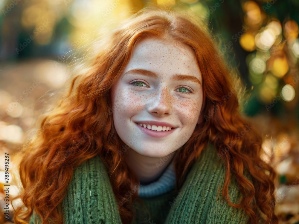 Portrait of a beautiful cheerful redhead girl with green eyes and flowing curly hair, smiling and laughing, looking at the camera in the autumn forest