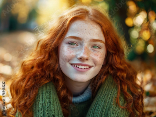Obraz na płótnie Portrait of a beautiful cheerful redhead girl with green eyes and flowing curly hair, smiling and laughing, looking at the camera in the autumn forest w salonie