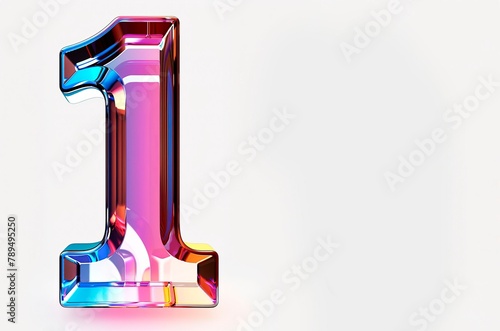  The number "1" is made of colorful glass, with gradient colors and crystal texture on the white background, copy space for text © XC Stock