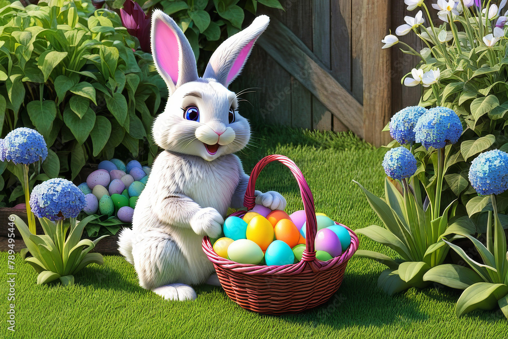 Little rabbit in a green spring lawn with decorated eggs - Easter card