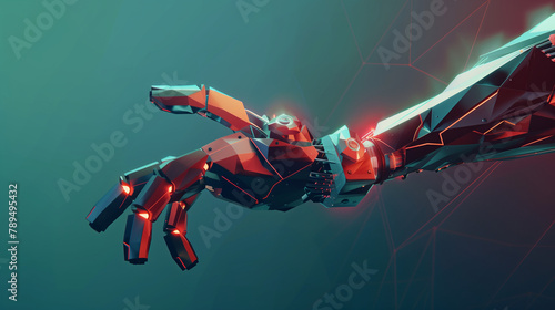
Robotic arm futuristic hud background. Polygon robo hand as a concept of automatization, machinery, robotic technology, industrial revolution and artificial intelligence. Low poly design photo