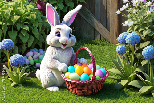Obraz na płótnie Little rabbit in a green spring lawn with decorated eggs - Easter card w salonie