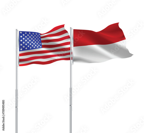 American and Indonesian flags together.USA,Indonesia flags on pole