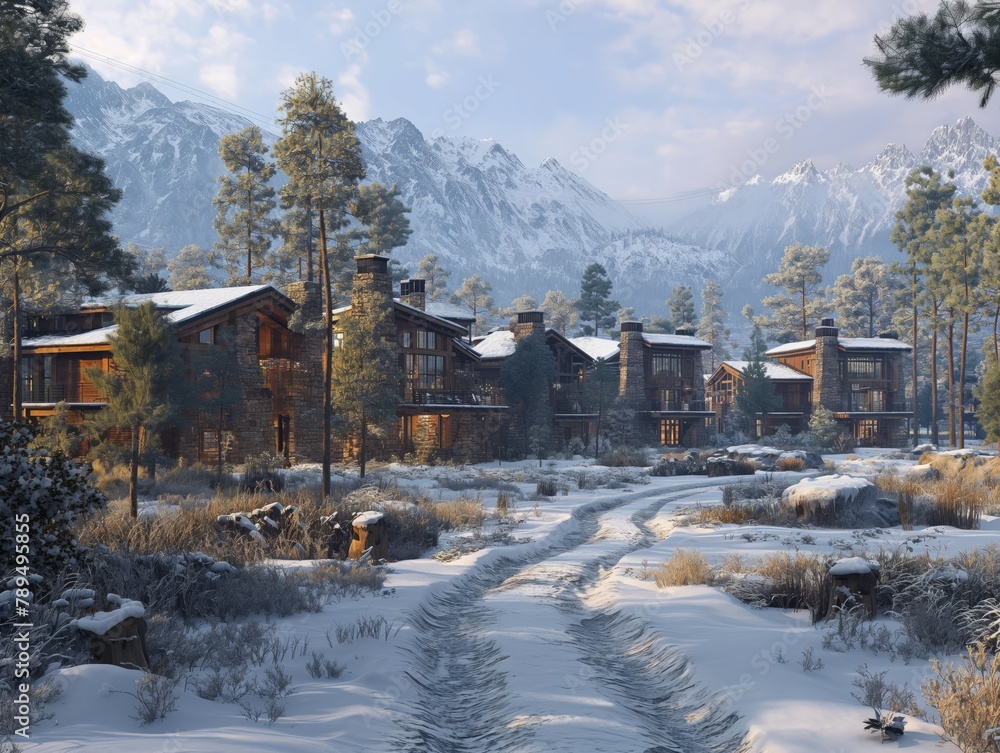 A snowy mountain landscape with a road leading to a row of houses. The houses are made of wood and have chimneys. The scene is peaceful and serene, with the snow-covered mountains in the background