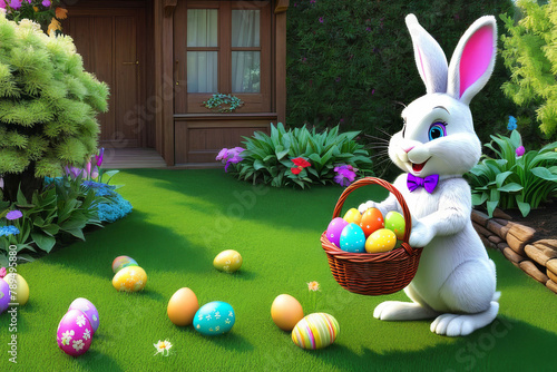 Little rabbit in a green spring lawn with decorated eggs - Easter card