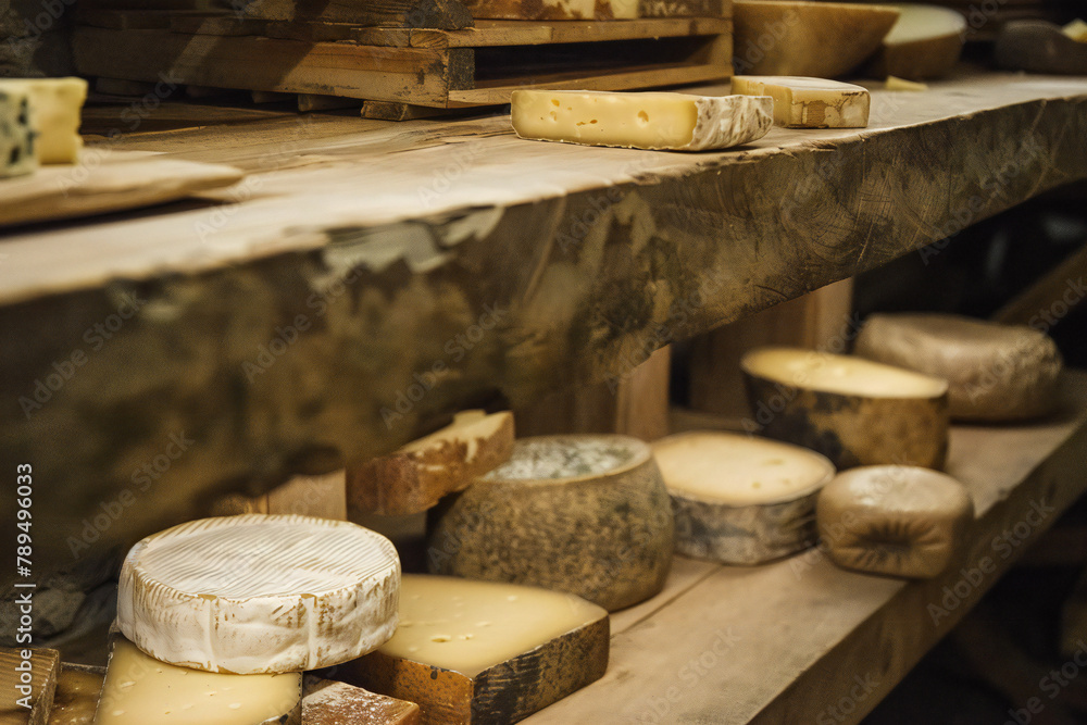 A cheese cellar where the cheese reaches perfection. Exquisite aged cheese varieties A cheese cellar where the cheese reaches perfection. Exquisite aged cheese varieties
