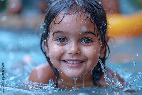 Indian little girl swims having fun with water splash at swimming pool