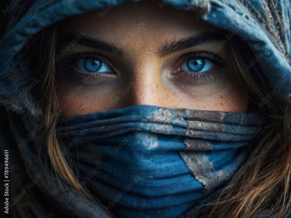 Portrait of a girl with blue eyes in a burqa with her face covered
