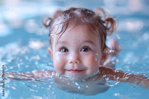Toddler swims having fun with water splash at swimming pool