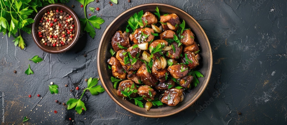 Chicken hearts served with parsley, onions, and soy sauce. Overhead view with space for text, flat lay image. Chicken hearts served with parsley, onions, and soy sauce. Overhead view with space for text, flat lay image.