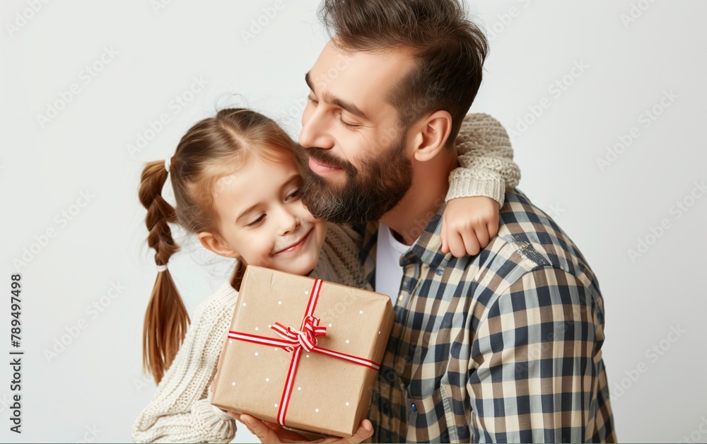 Father's day. Happy family daughter hugging father and laughing on holiday Father's day. Happy family daughter hugging father and laughing on holiday