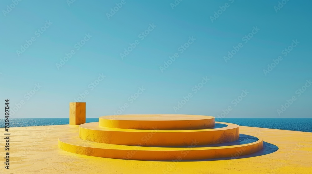 A yellow podium with a blue sky in the background. The podium is on a beach and the ocean is visible in the background