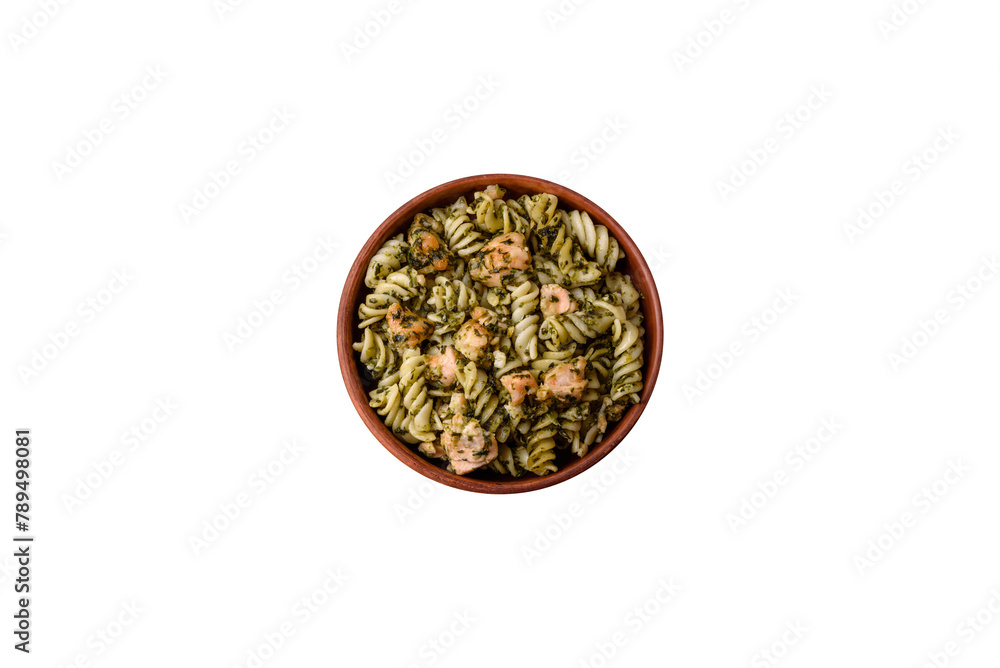 Delicious pasta with spinach, salmon, salt and spices Delicious pasta with spinach, salmon, salt and spices