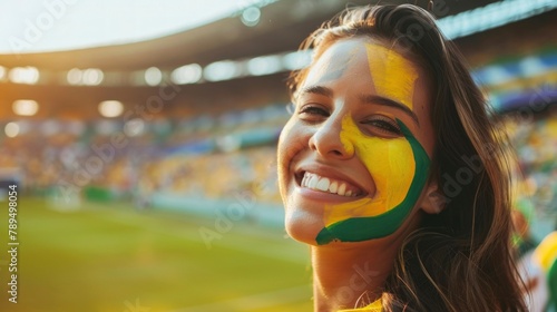 beautiful woman with face painted with the flag of Brazil in a stadium. olympic games concept