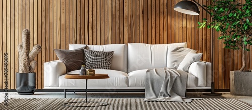 Wallpaper Mural Contemporary interior design enhances the modern living room with a cozy sofa, carpet floor, stylish lamp, decorative items on the table, and a wooden panel backdrop. Torontodigital.ca