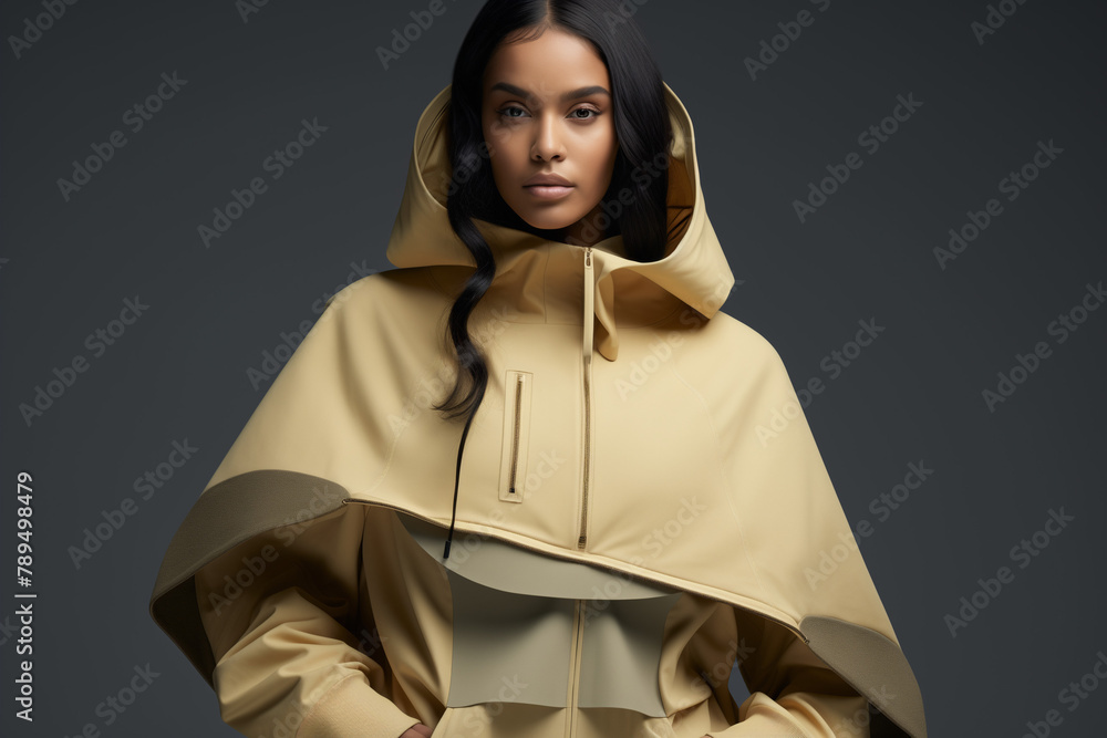 Woman Model in Beige Cape Jacket and Black Sweatshirt: Post-Conceptual Style