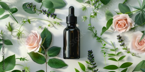 Essential oil dropper bottle with fresh roses and herbs on a light background.
