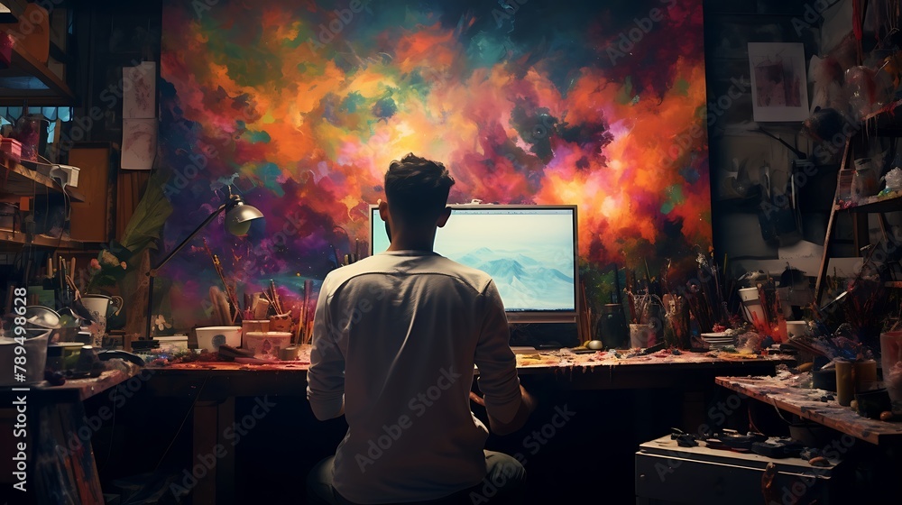 A close-up of a painter's studio, with an artist wearing a splattered, colorful shirt, adding to the creative and artistic ambiance.