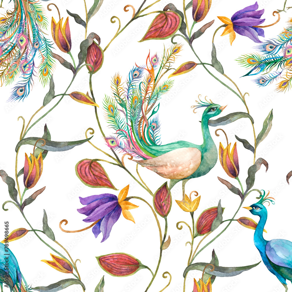 Fototapeta premium Png seamless pattern with peacock and flowers on transparent background