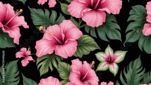 pink flowers seamless tropical floral pattern of hibiscus on black background, generated AI 