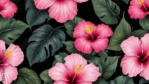 pink flowers seamless tropical floral pattern of hibiscus on black background, generated AI	