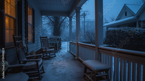 Rocking chairs rest on a snow-covered porch, illuminated by a warm house light against a twilight sky, evoking a peaceful winter evening.