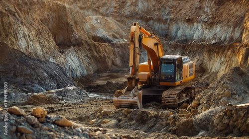 Wallpaper Mural Excavator stands in the center of a vast dirt pit under a warm light, highlighting the earthy tones and rugged terrain of the construction site. Torontodigital.ca