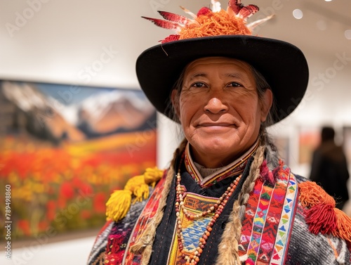 A man wearing a hat and a colorful outfit is smiling in front of a painting. The painting has a mountain range in the background and a field of flowers photo