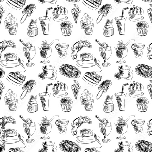 Seamless pattern with drinks an desserts art print for textile, paper, wallpaper decor design food kitchen cafe restaurants 