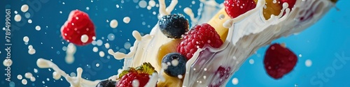 Fresh mixed berries, a banana, and milk are shown up close against a blue backdrop. photo