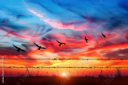 Birds soaring over barbed wire in a vibrant dawn, representing hope and freedom