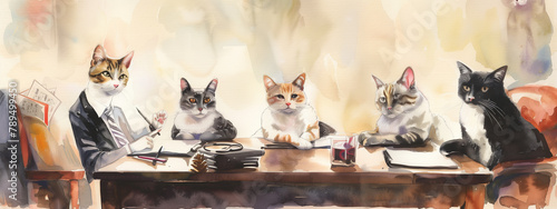 well-dressed cats come together for a formal meeting, discussing strategic plans and displaying their business prowess. Cartoon, watercolor painting.