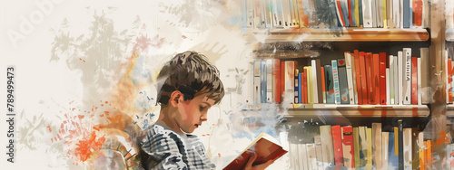 A journey of imagination: a boy explores new worlds through reading, surrounded by the nostalgic charm of a vintage library. watercolor painting style.