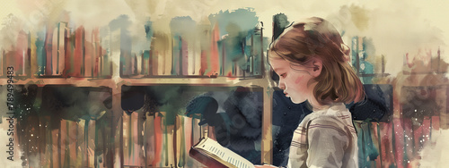 A journey of imagination: a girl explores new worlds through reading, surrounded by the nostalgic charm of a vintage library. watercolor painting style. #789499483
