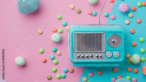 radio and candy on pink and blue background