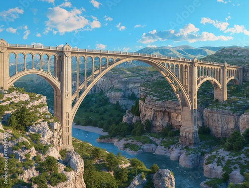 A bridge spans a river with a lush green valley below. The bridge is old and has a rustic appearance. The sky is clear and blue, and the sun is shining brightly. Concept of adventure and exploration