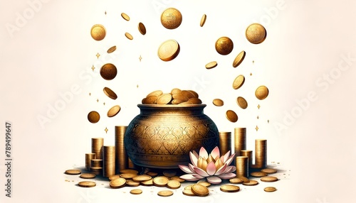 Watercolor illustration for akshaya tritiya with traditional pot with gold coins. 