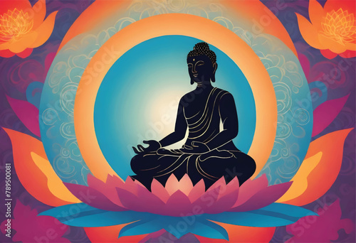a vector illustration of a sitting buddha with lotus flowers in the background
