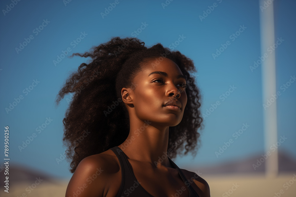 Minimalist Beach Volleyball: Close-Up of Black Woman Minimalist Beach Volleyball: Close-Up of Black Woman