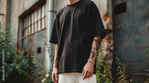 modern man in casual black t-shirt, embodying urban streetwear with a cool tattoo and relaxed summer style © pier