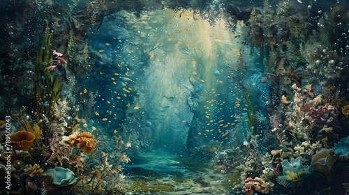 Illustrate a classic literature scene in a watercolor painting set in a mesmerizing underwater world Infuse the artwork with unexpected camera angles to invite viewers to explore the depths 